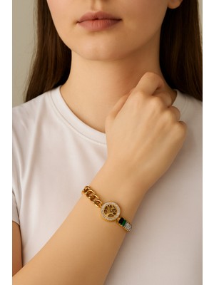 Pirlento Hayat Ağacı Yarım Baget Renkli Taşlı Su Yolu ve Yarım Kalın Zincir Detaylı Kadın Çelik Bileklik