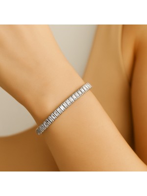 Pirlento Dikdörtgen Kesim Zirkon Baget Taşlı Su Yolu Gold Kadın Çelik Bileklik