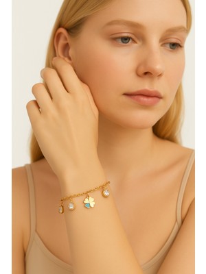 Pirlento Yoncalı Nazar Boncuklu Sallantılı Altın Renk Kadın Çelik Bileklik