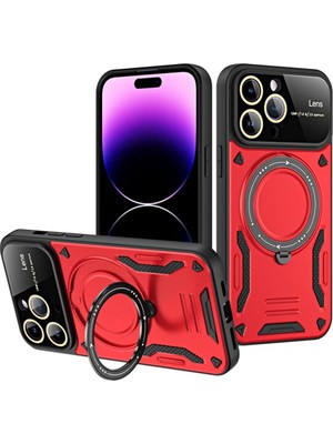 Techno Guru iPhone 16 Pro Kılıf Manyetik Standlı Joy Lens Premium Tank Silikon Kapak - Kırmızı