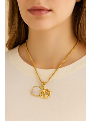 Pirlento Istiridye Çift Taş Plaka Gold Kadın Çelik Kolye