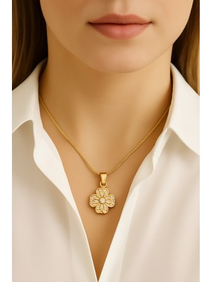 Pirlento Dönen Dört Yapraklı Yonca Stres Çarkı Kalpli Zirkon Taşlı Altın Renk Kadın Çelik Kolye