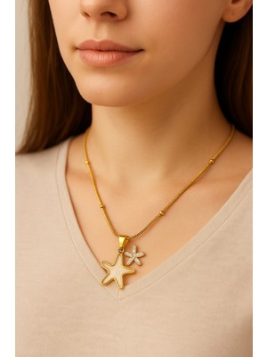 Pirlento Ikili Deniz Yıldızı Zirkon Taşlı Gold Kadın Çelik Kolye – Zarafet ve Deniz Esintisi Bir Arada