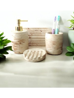 Trust Stone Marble Serisi Bej Beton Sıvı Sabunluk ve Diş Fırçalık Seti