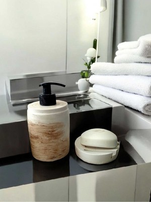 Trust Stone Marble Bej  Banyo Seti,sıvı Sabunluk Diş Fırçalığı Beton Aksesuar Takımı