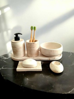 Trust Stone Bej Marble Serisi 6'lı Banyo Seti, Sıvı Sabunluk Diş Fırçalığı Beton Aksesuar Takımı