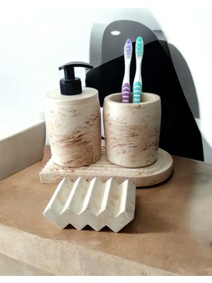 Trust Stone Marble Serisi Bej Beton Sıvı Sabunluk ve Diş Fırçalık Seti