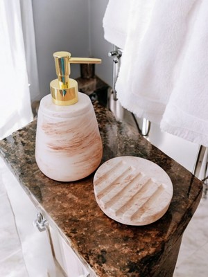 Trust Stone Marble Bej Beton Serisi Sıvı ve Katı Sabunluk Seti