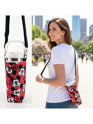 Woody Cord  1 Litrelik Matara Kılıfı Su Şişesi Taşıma Çantası Water Bottle Bag Mickey Mause