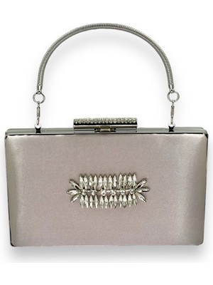 Biçanta Vizon Renk Saplı Saten Kristal Taşlı Abiye Çanta Gece Çantası Kına Gelin Mezuniyet Çantası Clutch