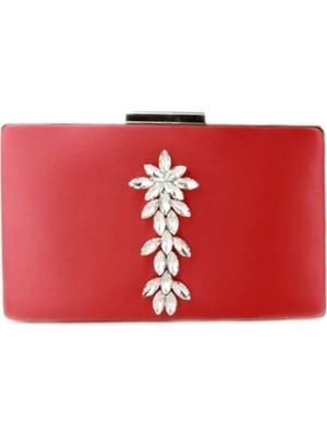 Biçanta Kırmızı Saten Gümüş Renkli Taşlı Abiye Çanta Gece Çantası Nişan Çantası