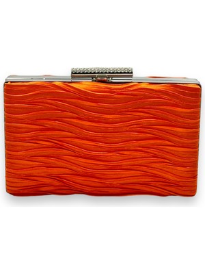 Biçanta Turuncu Pileli Saten Abiye Çanta Metal Saplı Kulplu Düğün Nişan Kına Gece Çantası Mezuniyet Çantası