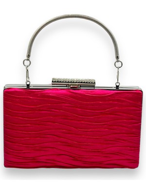 Biçanta Fuşya Pileli Saten Abiye Çanta Metal Saplı Kulplu Düğün Nişan Kına Gece Çantası Mezuniyet Çantası