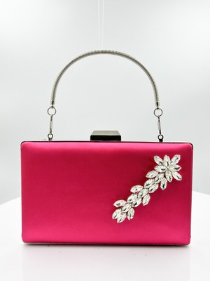 Biçanta Fuşya Renk Saten Gümüş Kasalı Gümüş Taşlı Abiye Çanta Gece Çantası Düğün Nişan Portföy