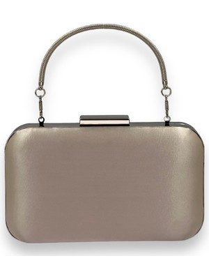 Biçanta Ten Renk Saten Gümüş Kasalı Metal Saplı Kulplu Abiye Çanta Gece Çantası Düğün Nişan Portföy