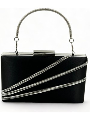 Biçanta Siyah Renk Saten Gümüş Kasalı Gümüş Taşlı Abiye Çanta Gece Çantası Düğün Nişan Portföy