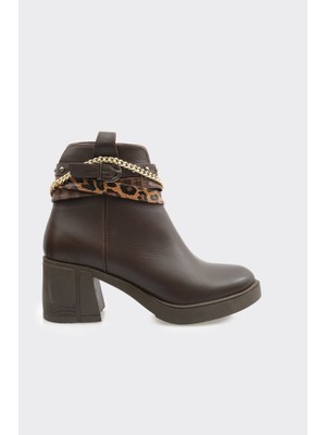 Derinet Hakiki Deri Fermuarlı Zincir Aksesuarlı Topuklu Kadın Bot