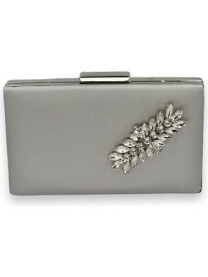 Biçanta Gümüş Gri Renk Çizilmeyen Saten Gümüş Taşlı Abiye Çanta Düğün Nişan Çantası