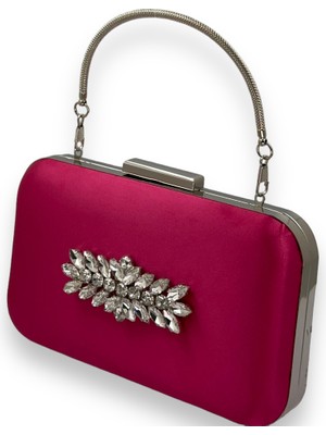 Biçanta Fuşya Renk Saten Gümüş Kasalı Gümüş Taşlı Kulplu Saplı Abiye Gece Çantası Düğün Portföy