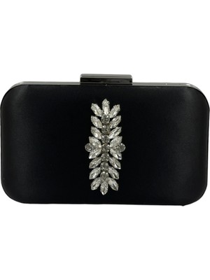 Biçanta Siyah Renk Saten Gümüş Kasalı Gümüş Taşlı Abiye Çanta Gece Çantası Düğün Nişan Portföy