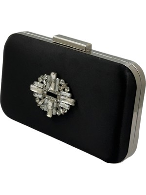 Biçanta Siyah Renk Saten Gümüş Kasalı Gümüş Taşlı Abiye Çanta Gece Çantası Düğün Nişan Portföy