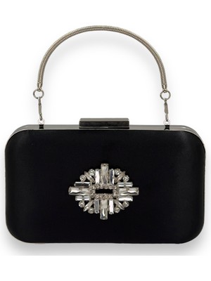 Biçanta Siyah Renk Saten Gümüş Kasalı Gümüş Taşlı Kulplu Saplı Abiye Gece Çantası Düğün Portföy