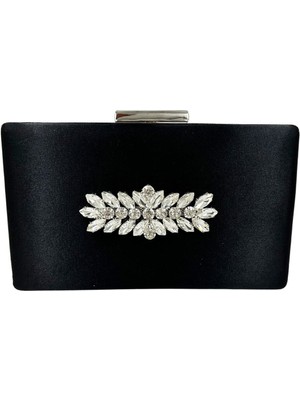 Biçanta Siyah Renk Saten Gümüş Kasalı Gümüş Taşlı Abiye Çanta Gece Çantası Düğün Nişan Portföy