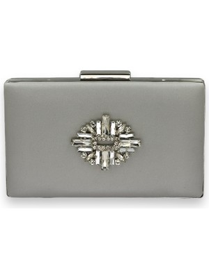 Biçanta Gümüş Gri Renk Çizilmeyen Saten Gümüş Taşlı Abiye Çanta Düğün Nişan Çantası