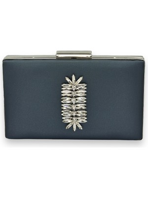 Biçanta Lacivert Renk Çizilmeyen Saten Gümüş Taşlı Abiye Çanta Düğün Nişan Çantası