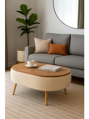 Own Home Luno Orta Sehpa, Teddy Kumaş Kaplamalı Ahşap Ayaklı Yuvarlak Orta Sehpa, Modern Orta Sehpa