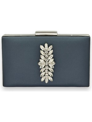 Biçanta Lacivert Renk Çizilmeyen Saten Gümüş Taşlı Abiye Çanta Düğün Nişan Çantası