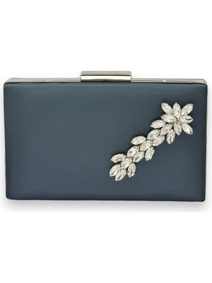 Biçanta Lacivert Renk Çizilmeyen Saten Gümüş Taşlı Abiye Çanta Düğün Nişan Çantası