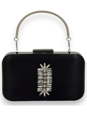 Biçanta Siyah Renk Saten Gümüş Kasalı Gümüş Taşlı Kulplu Saplı Abiye Gece Çantası Düğün Portföy