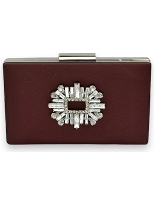 Biçanta Bordo Renk Çizilmeyen Saten Gümüş Taşlı Abiye Çanta Düğün Nişan Çantası