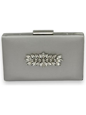 Biçanta Gümüş Gri Renk Çizilmeyen Saten Gümüş Taşlı Abiye Çanta Düğün Nişan Çantası