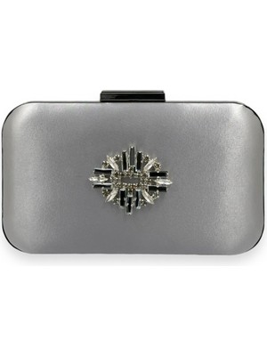 Biçanta Gümüş Gri Renk Saten Gümüş Kasalı Gümüş Taşlı Abiye Çanta Gece Çantası Düğün Nişan Portföy