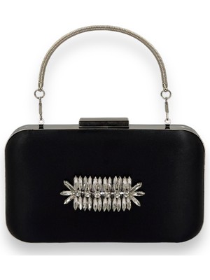 Biçanta Siyah Renk Saten Gümüş Kasalı Gümüş Taşlı Kulplu Saplı Abiye Gece Çantası Düğün Portföy