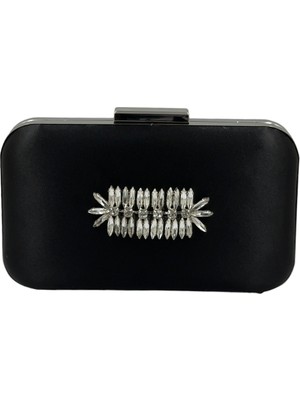 Biçanta Siyah Renk Saten Gümüş Kasalı Gümüş Taşlı Abiye Çanta Gece Çantası Düğün Nişan Portföy