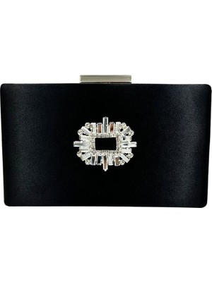 Biçanta Siyah Renk Saten Gümüş Kasalı Gümüş Taşlı Abiye Çanta Gece Çantası Düğün Nişan Portföy