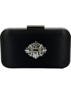 Biçanta Siyah Renk Saten Gümüş Kasalı Gümüş Taşlı Abiye Çanta Gece Çantası Düğün Nişan Portföy