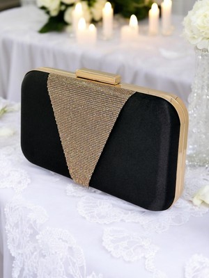 Biçanta Siyah Renk Saten Abiye Çanta Rosegold Taşlı Şık Gece Nişan Düğün Kullanımı İçin El Yapımı