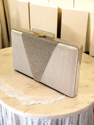 Biçanta Ten Nude Çizgili Saten Üzeri Altın Kristal Taş Süslemeli Kadın Abiye Çanta