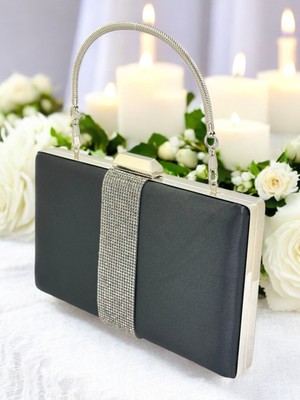 Biçanta Siyah Renk Saten Rosegold Taşlı Kadın Abiye Çanta Gece Çantası