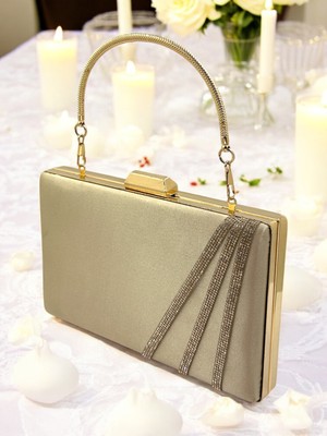 Biçanta Nude Renk Saten Çapraz Altın Kristal Taşlı Kadın Abiye Çanta Düğün Nişan Mezuniyet