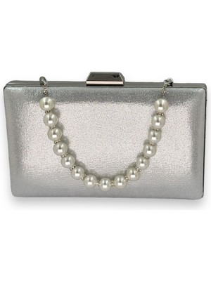 Biçanta Gümüş Sıvama Saten Inci Saplı Kristal Desenli Mat Deri Abiye Çanta Gece Çantası Kına Düğün Nişan