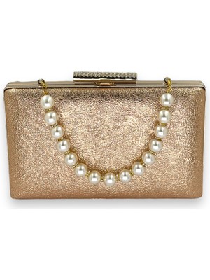 Biçanta Rosegold Inci Saplı Kristal Desenli Mat Deri Abiye Çanta Gece Çantası Kına Düğün Nişan