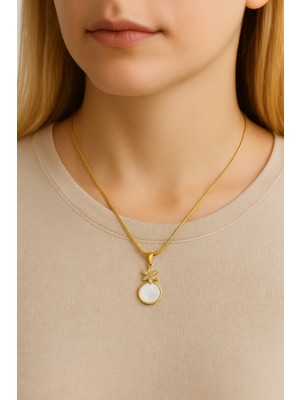 Pirlento Italyan Ezme Zincir Yuvarlak Taşlı Çiçek Figürlü Kadın Altın Çelik Kolye