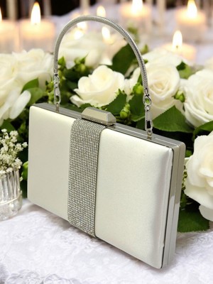 Biçanta Ten Renk Saten Gümüş Taşlı Kadın Abiye Çanta Gece Çantası