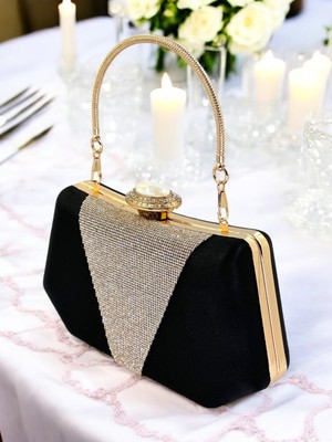 Biçanta Siyah Renk Saten Altın Taşlı Abiye Çanta Gece Çantası Nişan Düğün Çantası