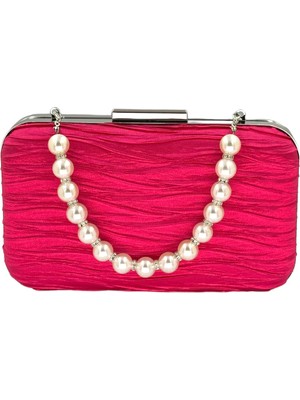 Biçanta Fuşya Pembe Pileli Saten Inci Saplı  Abiye Çanta Zincir Askılı Düğün Nişan Mezuniyet Çantası